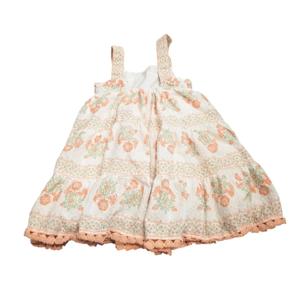 Tommy Bahama Girls Floral‎ Tiered Swiss Dot Dress Peach Green Cotton Size 5T